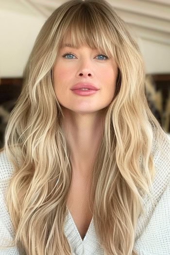 Long Blonde Shaggy Layers Hairstyle on smiling woman with long blonde hair.