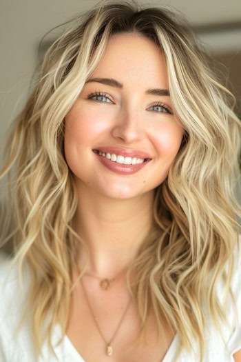 Long Blonde Tousled Waves Hairstyle on smiling woman with long hair.