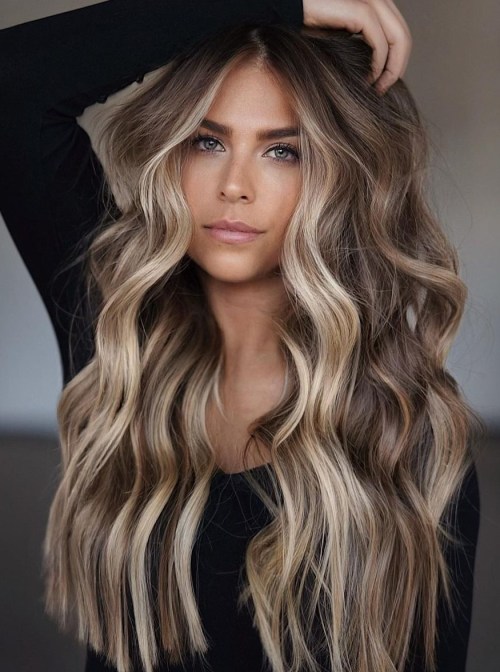 Long Blunt Medium Brown Hair with Blonde Streaks