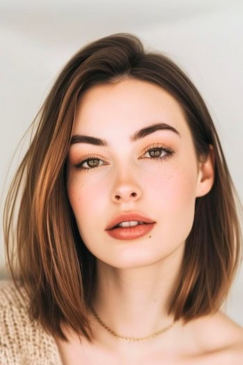 Long Bob Hairstyle on woman with brown hair.