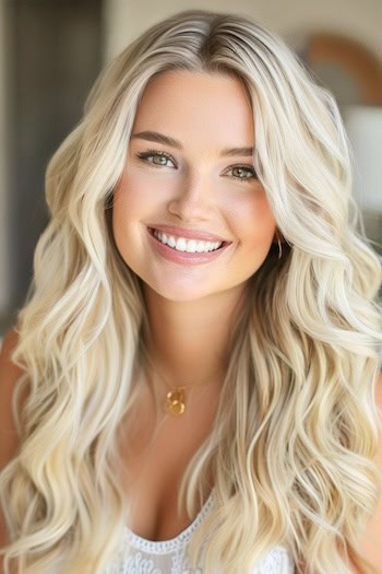 Long Buttercream Blonde Waves Hairstyle on smiling woman with long hair.