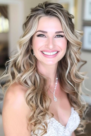 Long Champagne Blonde Curls Hairstyle on smiling woman with long hair.