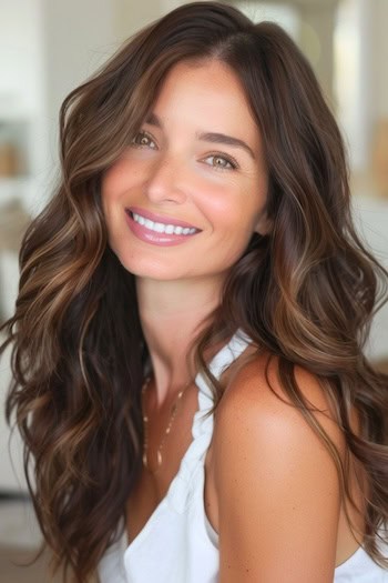 Long Chocolate Brown Layers Hairstyle on smiling young woman with brown hair.