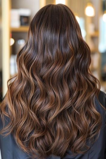 Long Chocolate Brown Waves With Golden Highlights Hairstyle on a woman with brown hair, back view in hair salon.