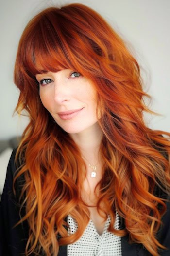 Long Copper Shaggy Layers Hairstyle on smiling woman with long copper red hair.