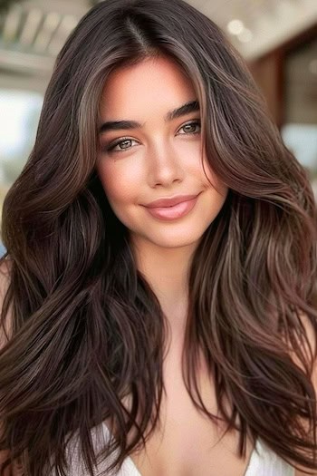 Long Dark Chocolate Brown Hair Hairstyle on smiling woman with brown hair.