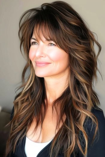 Long Feathered Brown Shag With Highlights Hairstyle on smiling woman with long brown hair.