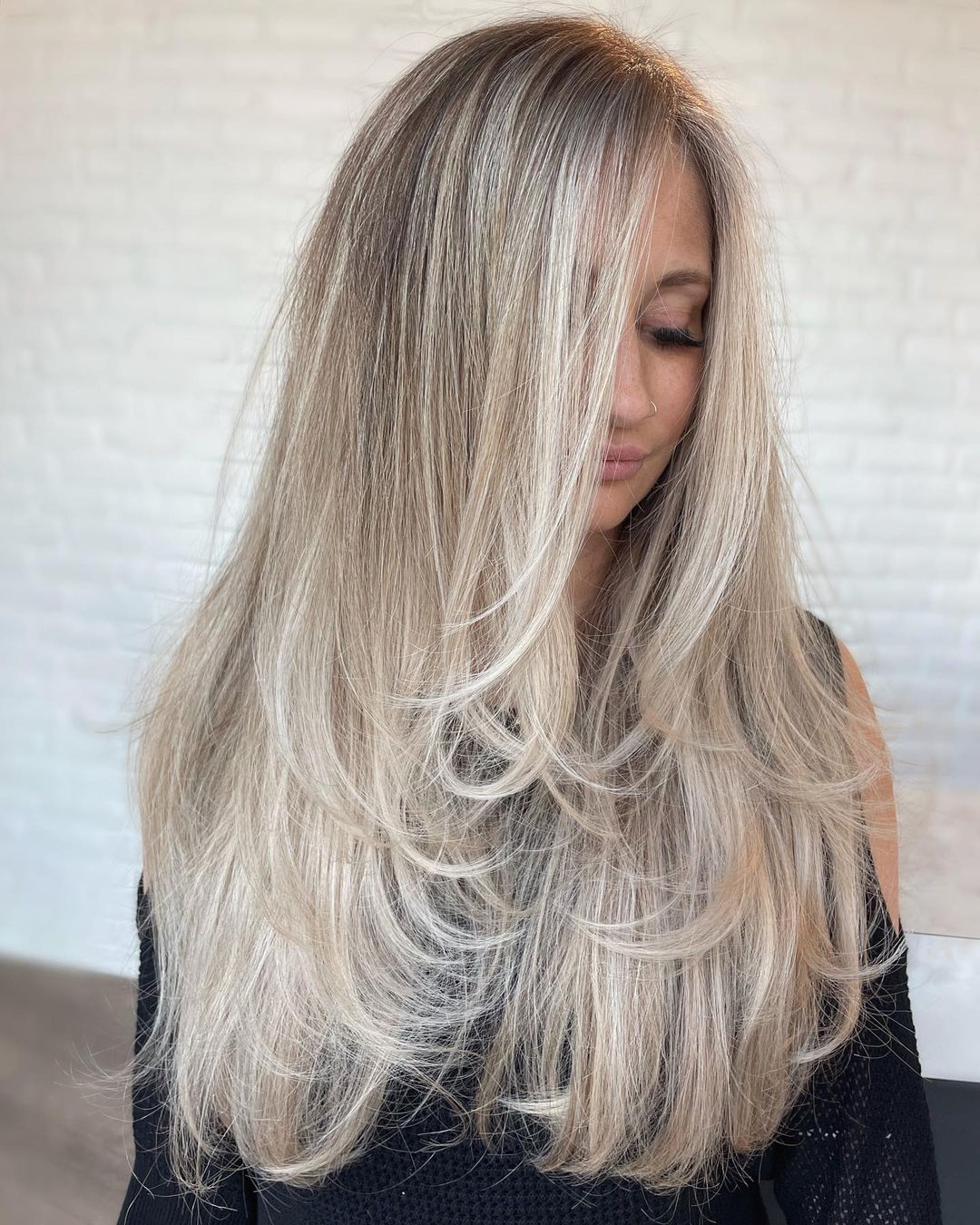 Long Feathered Hair Blonde Balayage