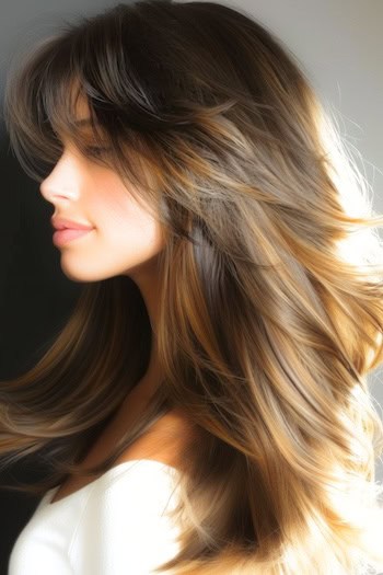 Long Feathered Highlighted Layers Hairstyle With Bangs.