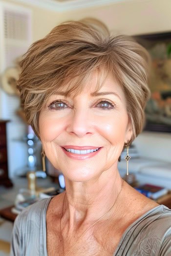 Long Feathered Pixie Hairstyle on smiling older woman with brown hair.