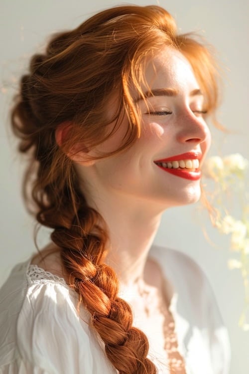 Long fiery auburn red braid on smiling woman wearing red lipstick. Shot from side and facing sunlight.