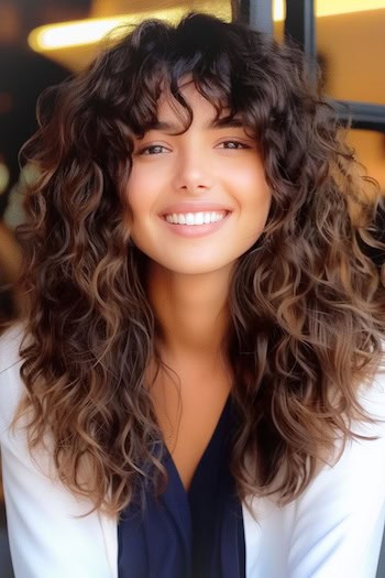 Long Layered Curls With Bangs Hairstyle.