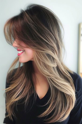 Long Layers with Side-Swept Bangs Hairstyle.