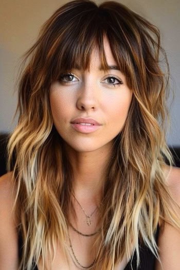 Long Ombre Shag Hairstyle on smiling woman with long brown to blonde ombre  hair.