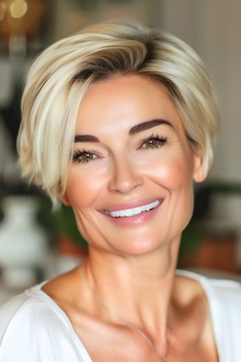  Long Pixie Hairstyle on smiling older woman with blonde hair and dark roots.