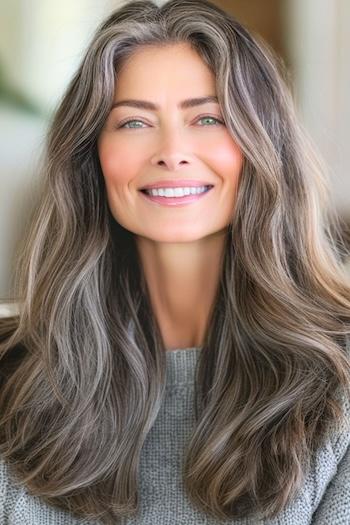 Long Salt and Pepper Waves Hairstyle on a smiling woman with salt and pepper hair color.