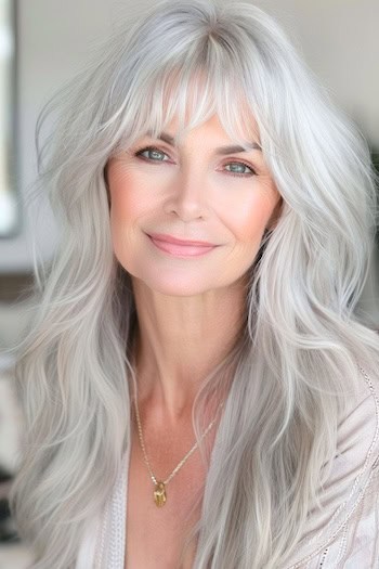 Long Silver Shag Hairstyle on smiling woman with long gray hair.