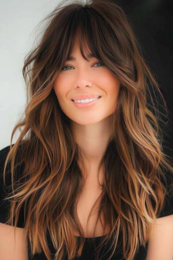 Long Tousled Highlighted Layers Hairstyle With Bangs.