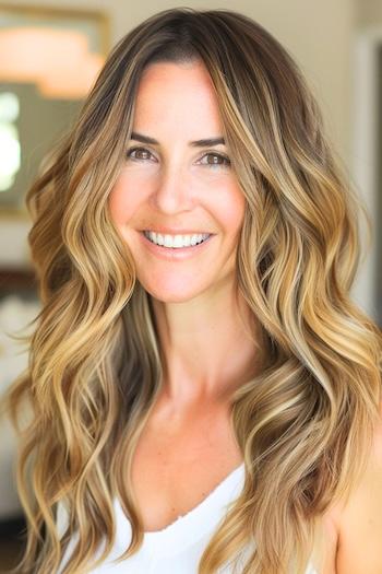 Long Waves With Balayage Highlights Hairstyle on a smiling woman with brown hair and balayage highlights.