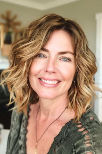 Long Wavy Bob With Beachy Texture Hairstyle For Women Over 40.