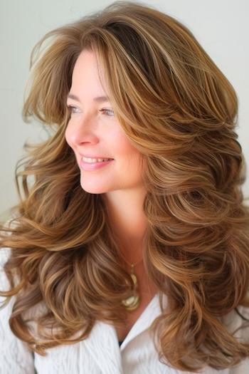 Long Wavy Hair with Feathered Layers Hairstyle on a smiling woman with voluminous brown hair.