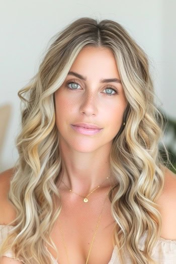 Loose Ash Blonde Curls With Highlights Hairstyle on woman with long blond hair.