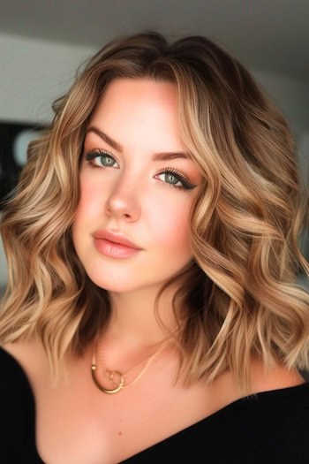 Loose Curls with Blunt Ends Hairstyle on smiling woman with light brown hair.