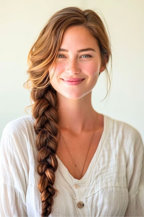 Loose side braid on beautiful woman with reddish brown long hair.