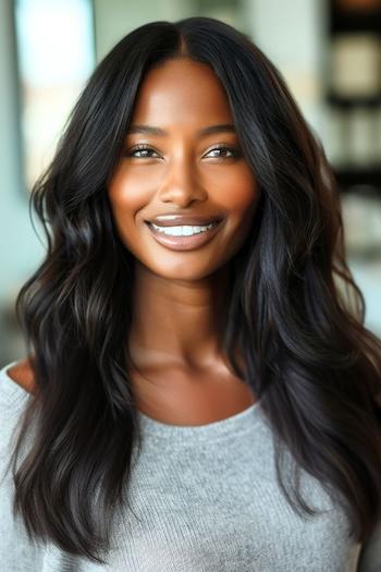 Loose Soft Waves Hairstyle on a smiling black woman with brown black hair.