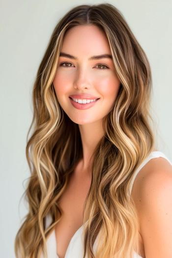 Loose Waves With Face-Framing Highlights Hairstyle on a smiling woman with brown hair and blonde highlights.