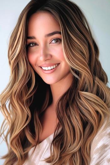 Loose Waves With Highlights Hairstyle on a smiling woman with brown hair and blonde highlights.