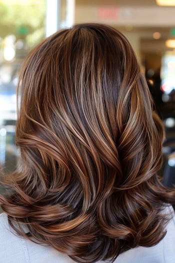 Medium Chocolate Brown Waves With Caramel Highlights Hairstyle on smiling woman with brown hair, back view.