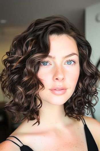 Medium-Length Brown Curls Hairstyle on young woman with brown hair.