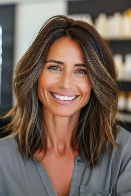 Medium length brown hair with blond highlights on woman over 50.