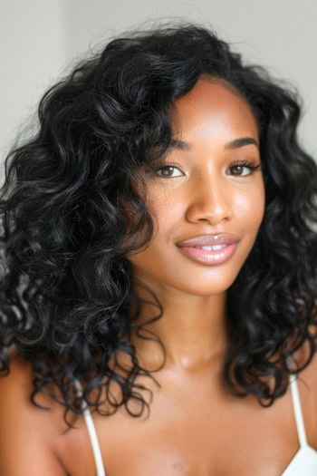 Medium-Length Curls with Deep Side Part Hairstyle on smiling young woman with brown black hair.