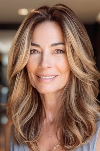 Medium-Length Cut with Curved Layers Hairstyle on a smiling woman with mid-length brown hair.