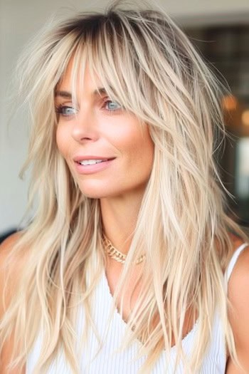 Messy Blonde Shaggy Cut Hairstyle on smiling woman with long blonde hair.