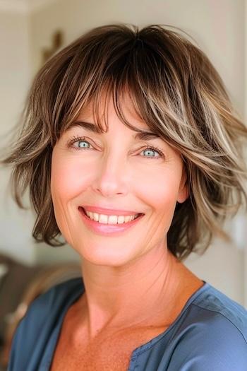 Messy Layered Bob for Thin Hair Hairstyle on a smiling woman with brown hair and blonde highlights.