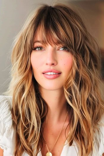 Messy Shag With Face-Framing Highlights Hairstyle on woman with long brown hair.