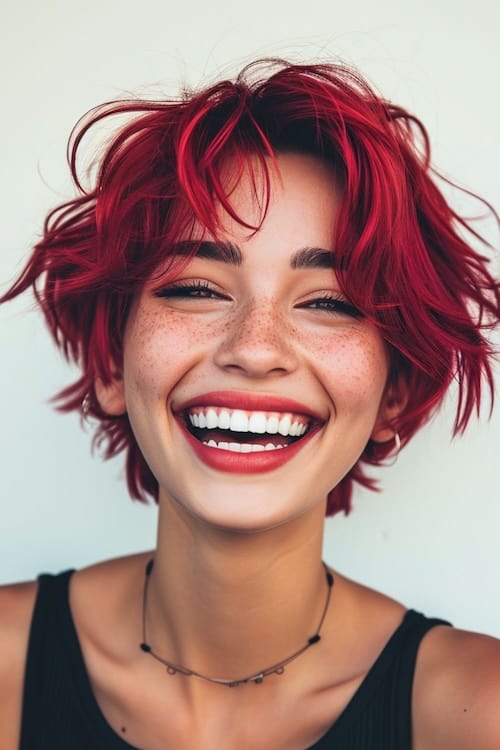 Messy short deep pink red hairstyle on laughing woman.