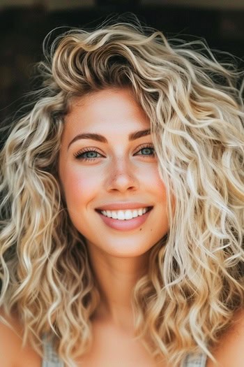 Mid-Length Curls with Deep Side Part Hairstyle on smiling young woman with blonde hair.