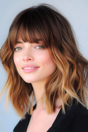 Mid-Length Wavy Cut with Fringe Medium-length Hairstyle.