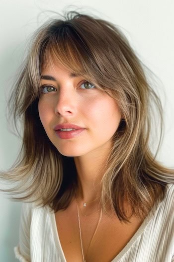 Mid-Length Wispy Straight Cut with Bangs Shoulder-Length Haircut.