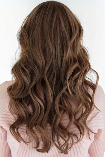 Milk Chocolate Waves Hairstyle on woman with long brown hair, back view.