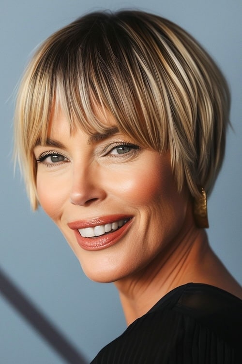 Modern blonde bowl cut on beautiful woman in her 50s.