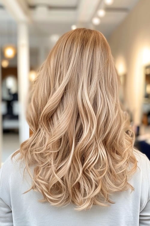 Muted golden blonde hair color shot from behind.