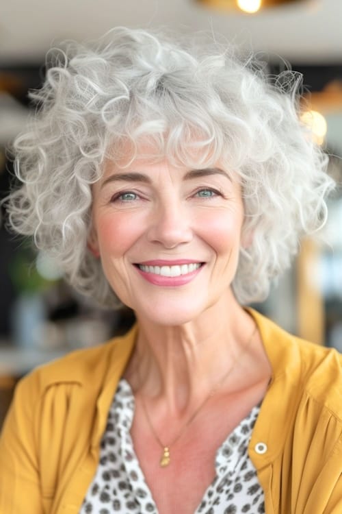 Natural short silver curls on older smiling woman.