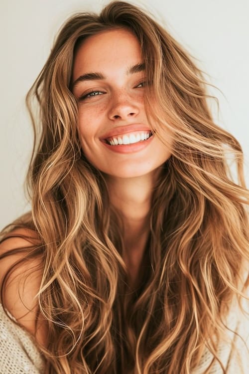 Natural waves on beautifl woman with long brown hair and highlights.