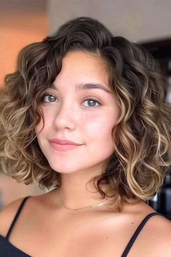 Ombre Curls Hairstyle on smiling woman with brown to blonde ombre hair.