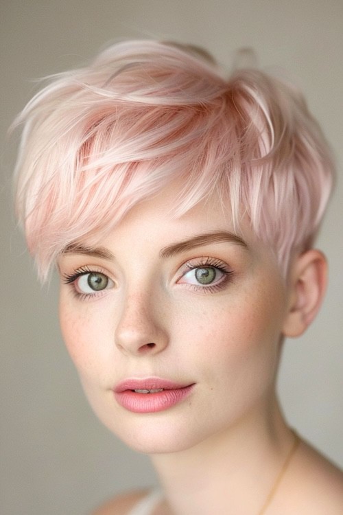 Pastel pink pixie cut.